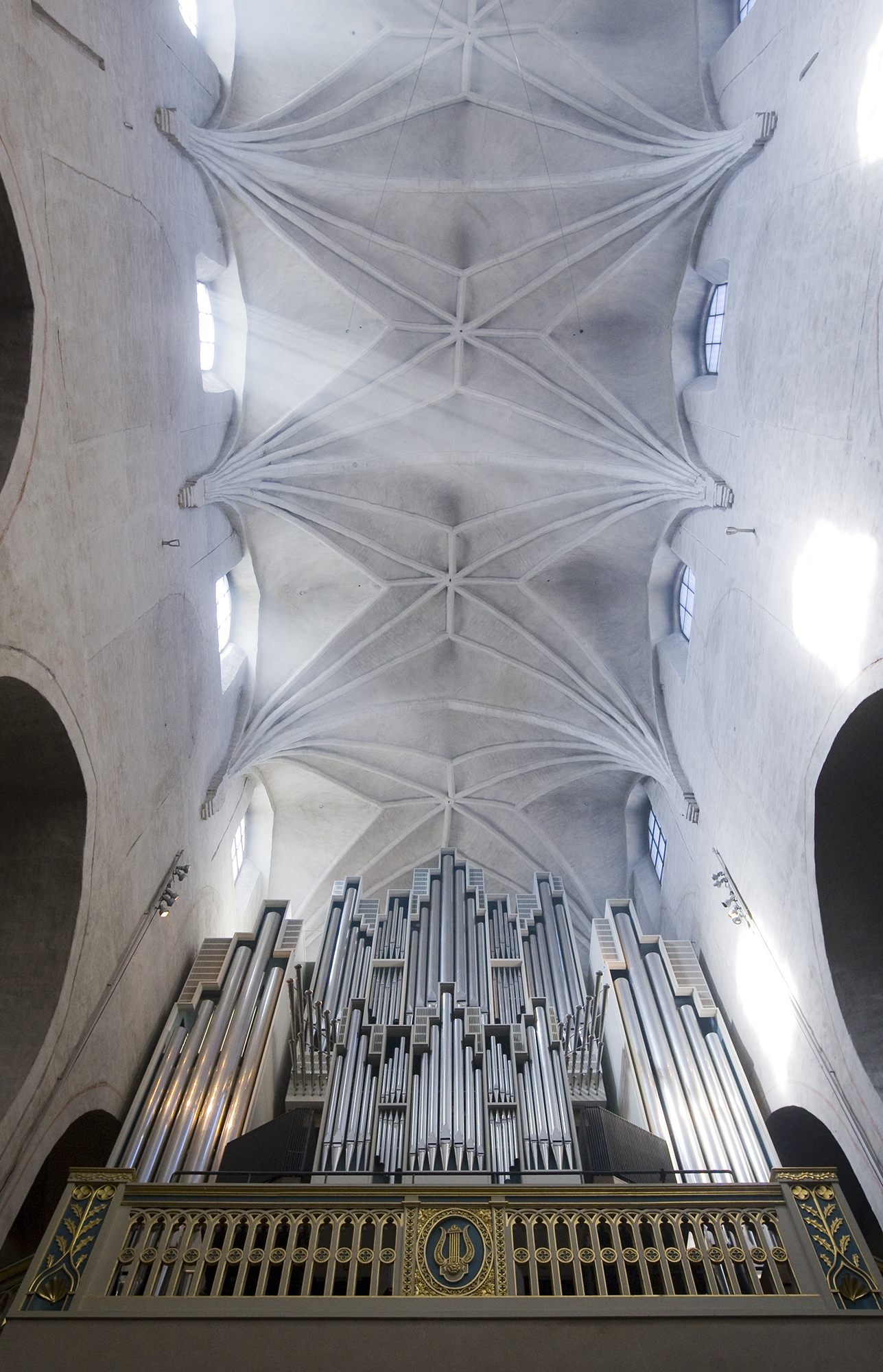 Tuomiokirkon pääurkujen pillistö kurottaa kohti kattoholveja, joihin aurinko paistaa basilikaikkunoista