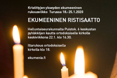 Ekumeenisen ristisaaton mainos, jossa kynttilöitä tummalla taustalla.