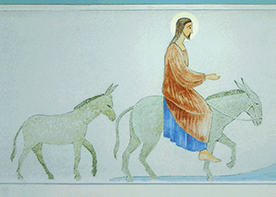 Piirroksessa Jeesus ratsastaa aasilla.